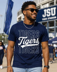 Model wearing the Officially Licensed Jackson State Tigers Stacked Script T-Shirt on game day