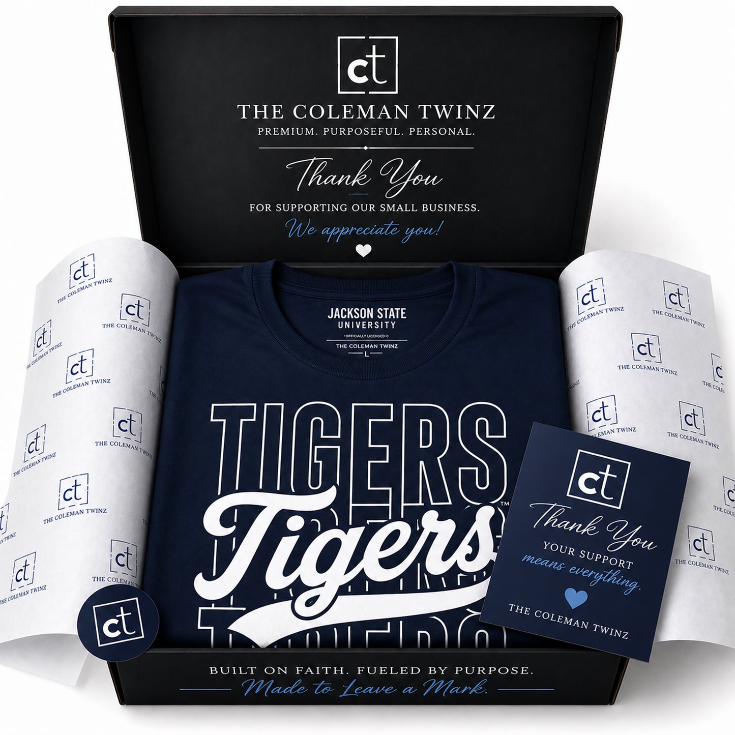 Premium packaging from The Coleman Twinz for the Jackson State Tigers Stacked Script T-Shirt