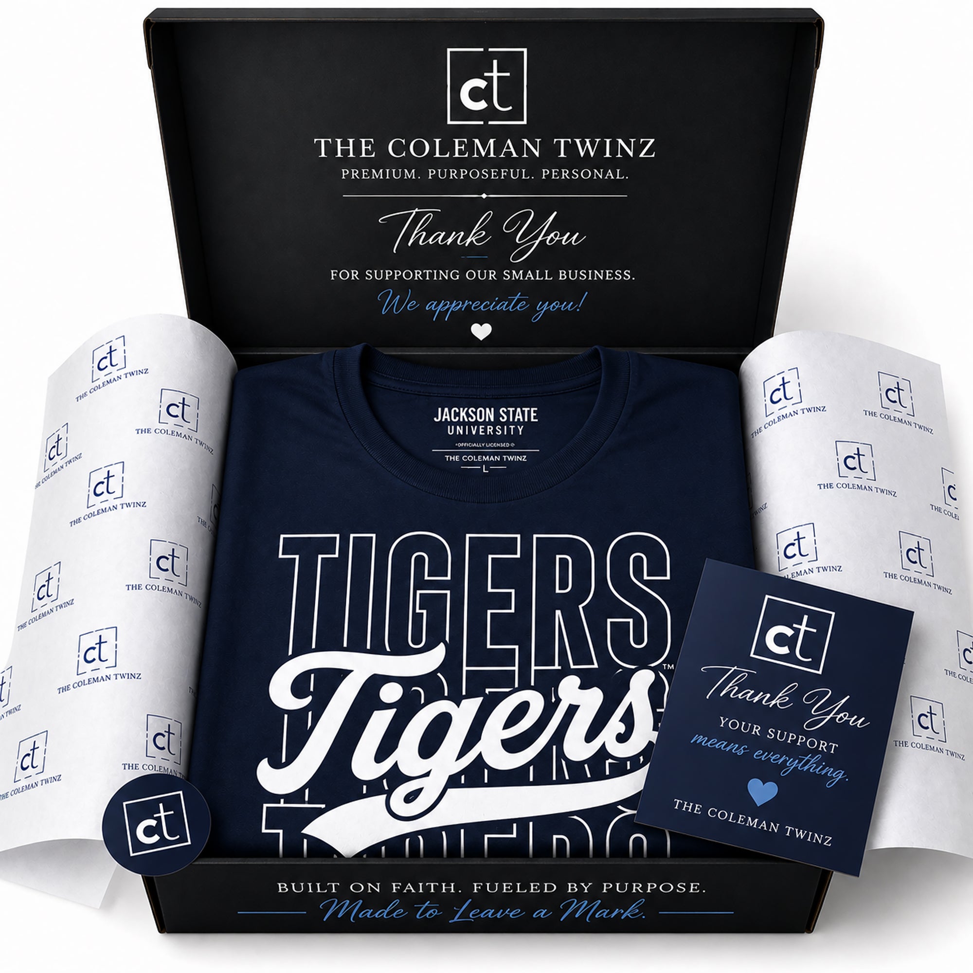 Premium packaging from The Coleman Twinz for the Jackson State Tigers Stacked Script T-Shirt