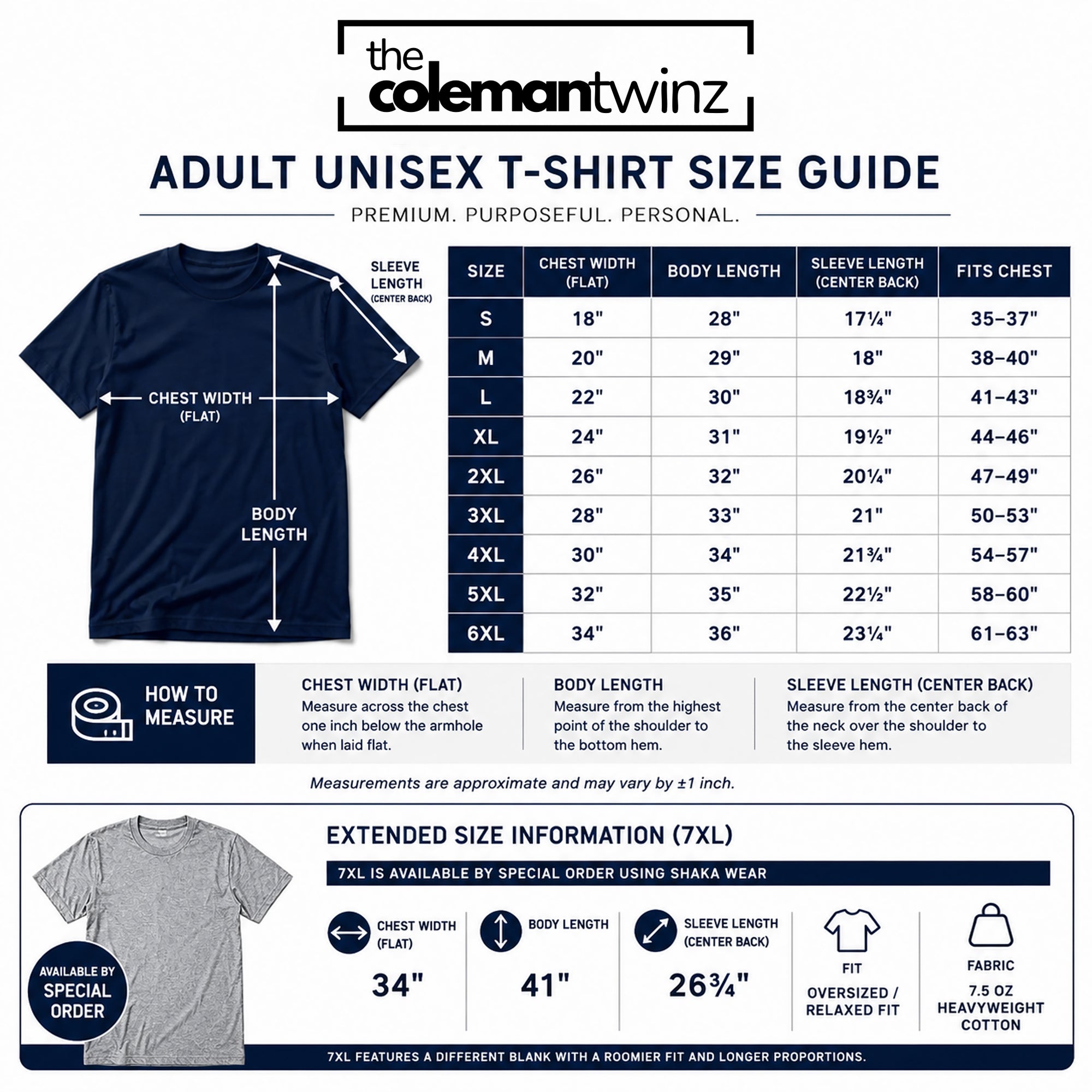 Adult unisex size chart for the Jackson State Tigers Stacked Script T-Shirt from S through 6XL