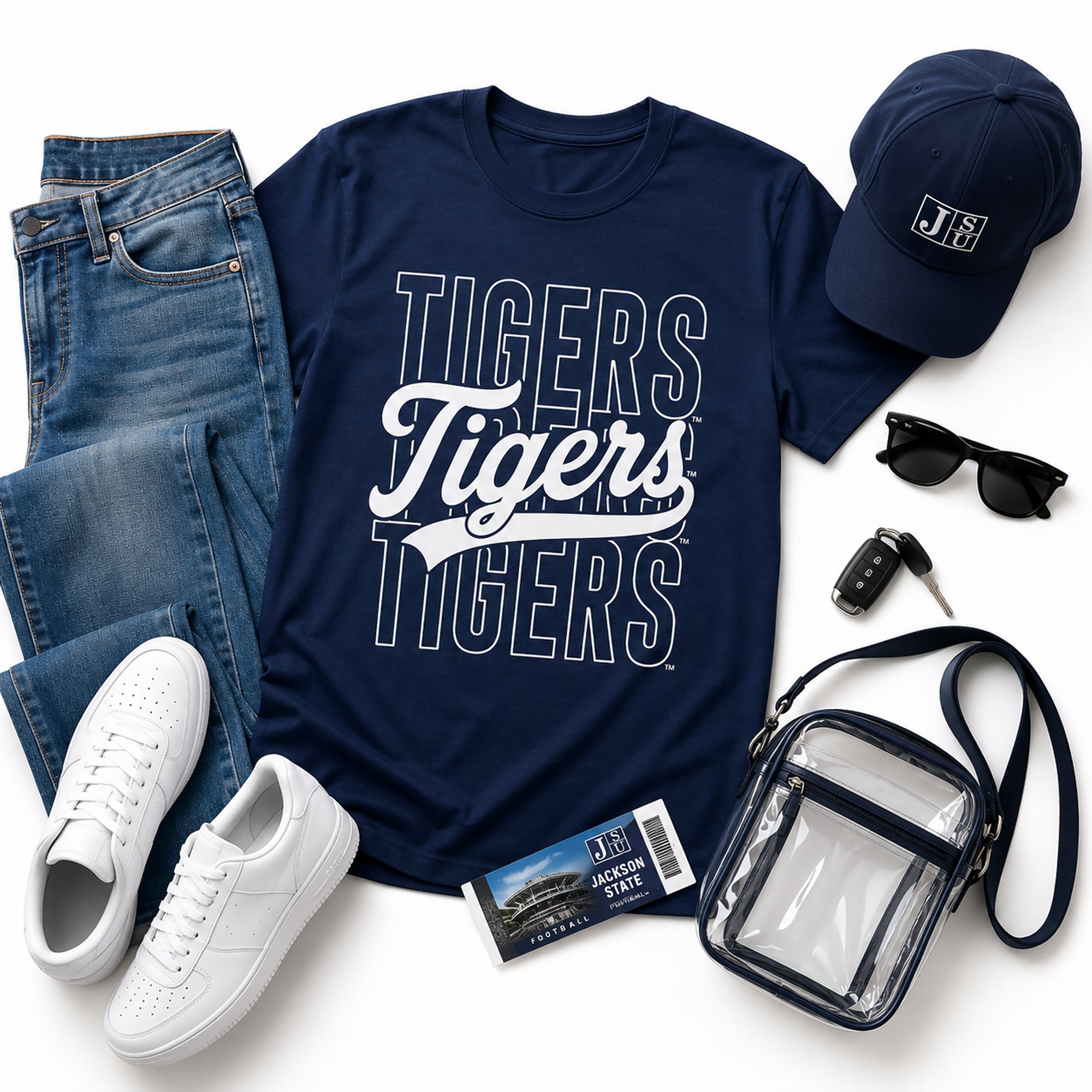 Jackson State game day outfit featuring the Tigers Stacked Script T-Shirt with jeans, sneakers, cap, stadium bag, and accessories