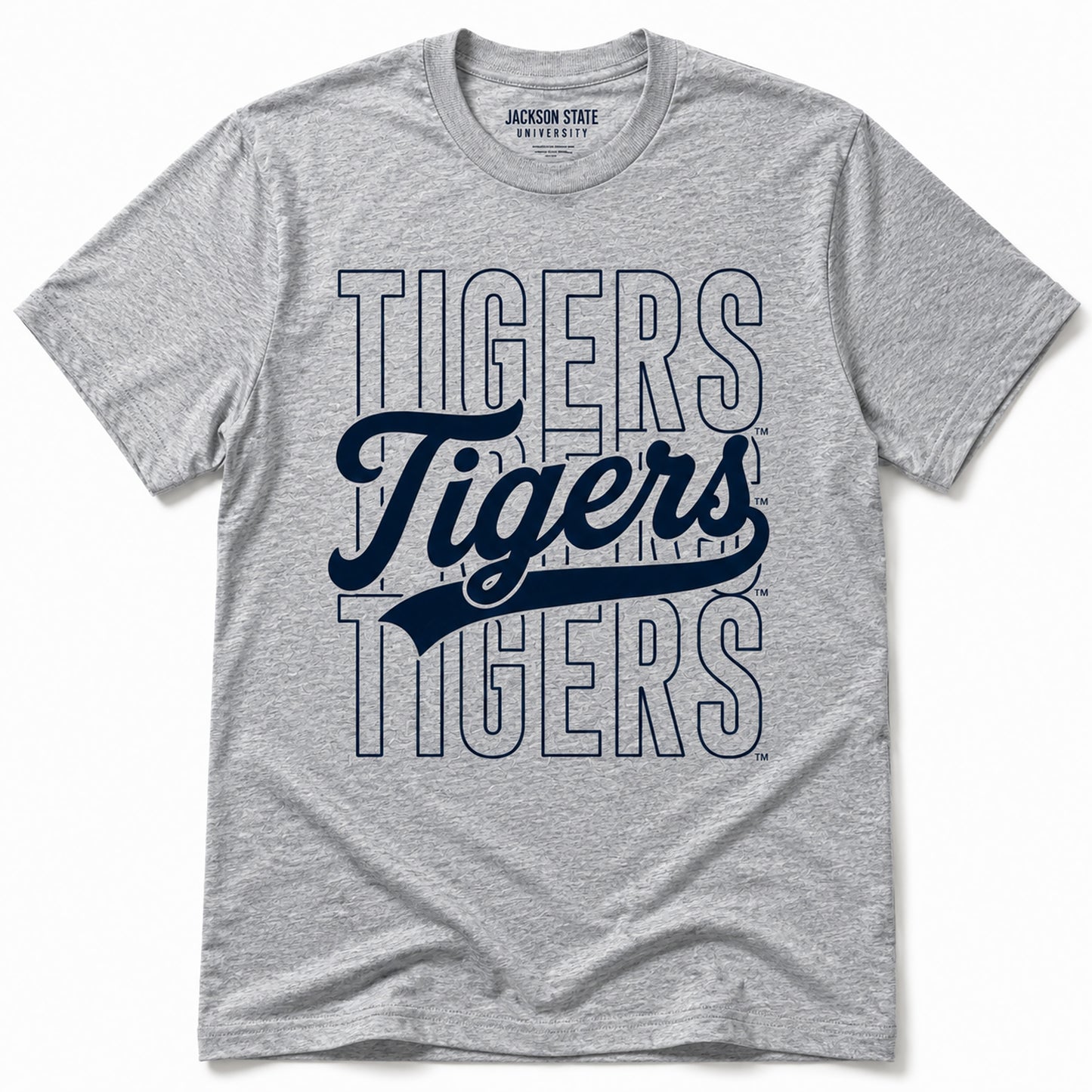 Officially Licensed Jackson State Tigers Stacked Script Unisex T-Shirt in Athletic Heather Gray