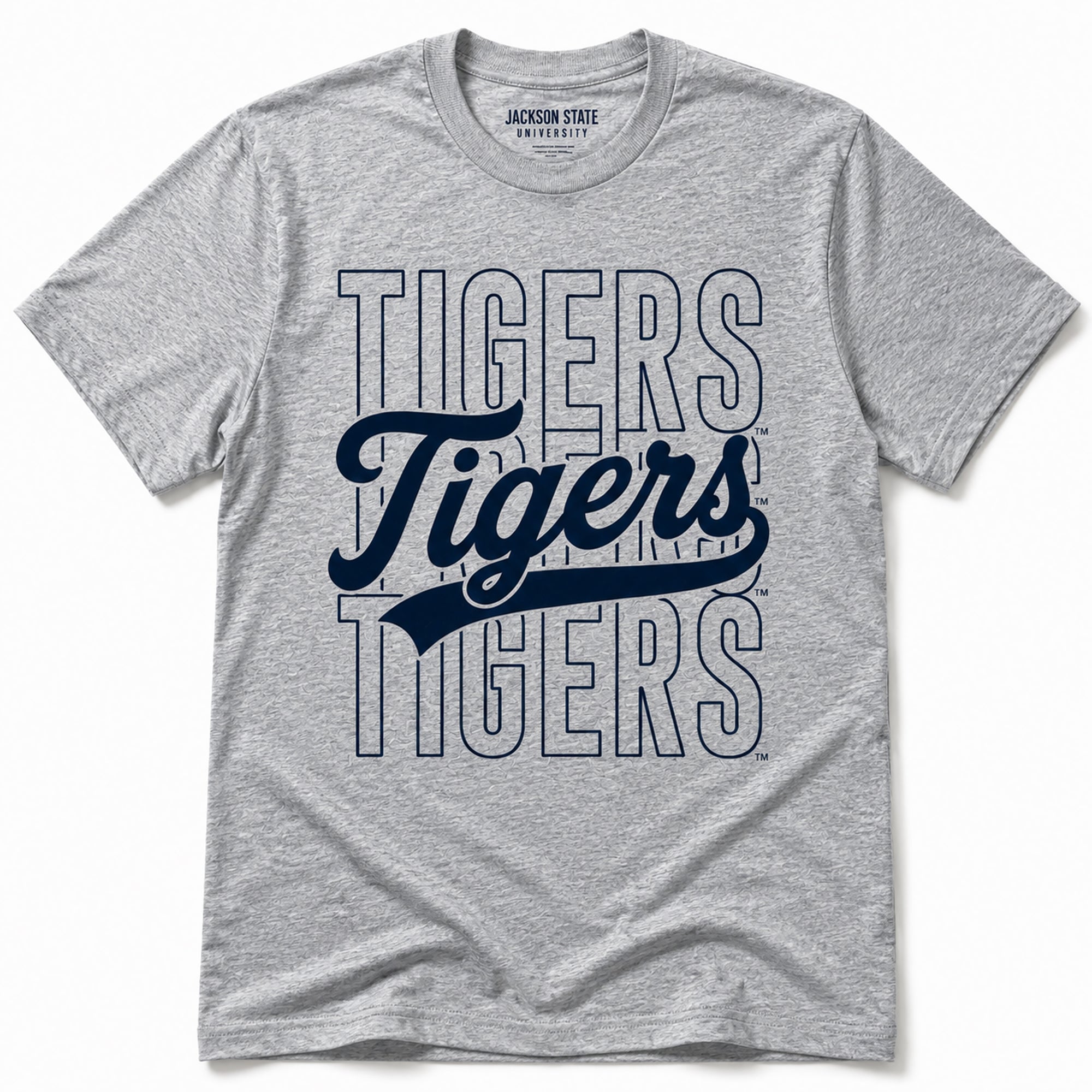 Officially Licensed Jackson State Tigers Stacked Script Unisex T-Shirt in Athletic Heather Gray