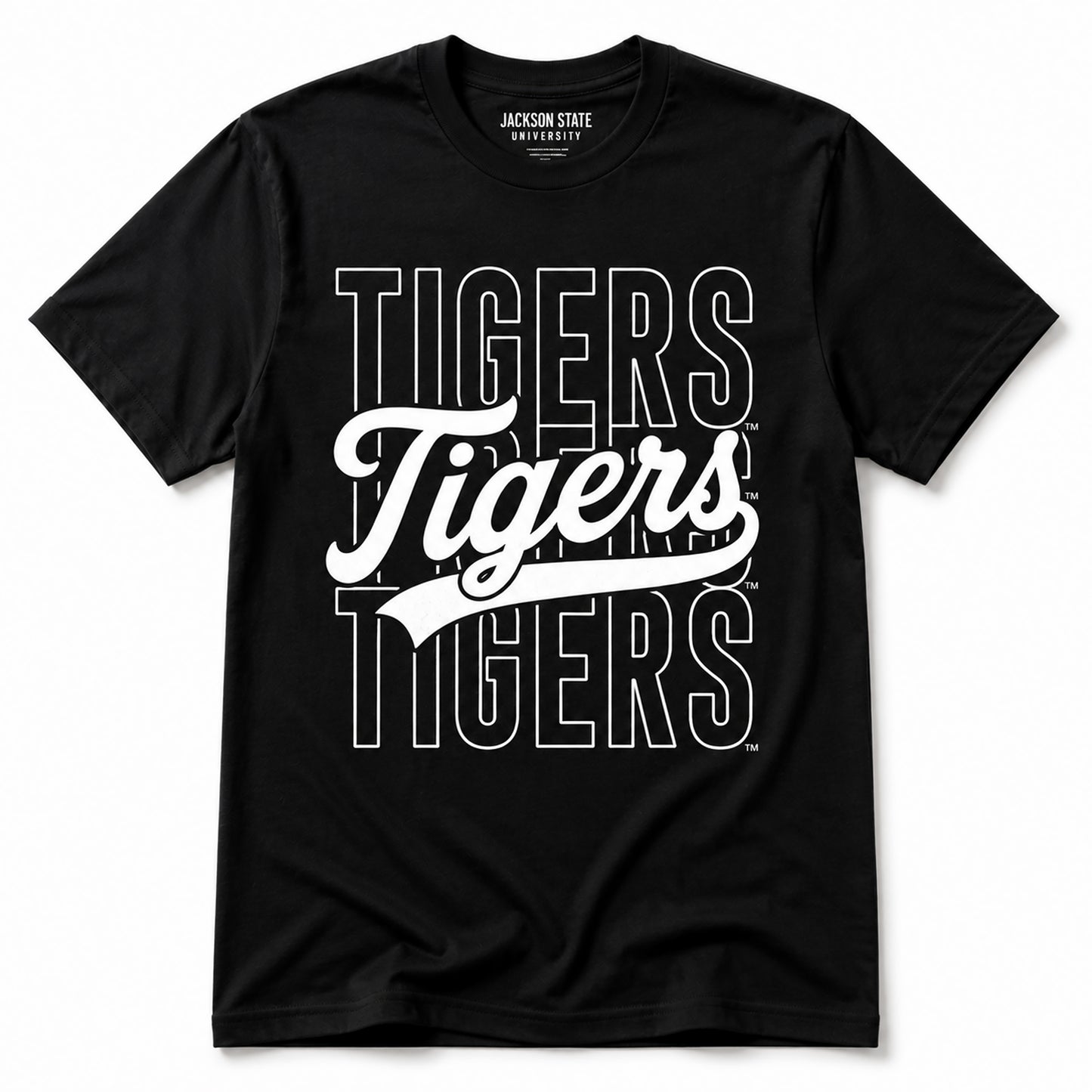 Officially Licensed Jackson State Tigers Stacked Script Unisex T-Shirt in Black