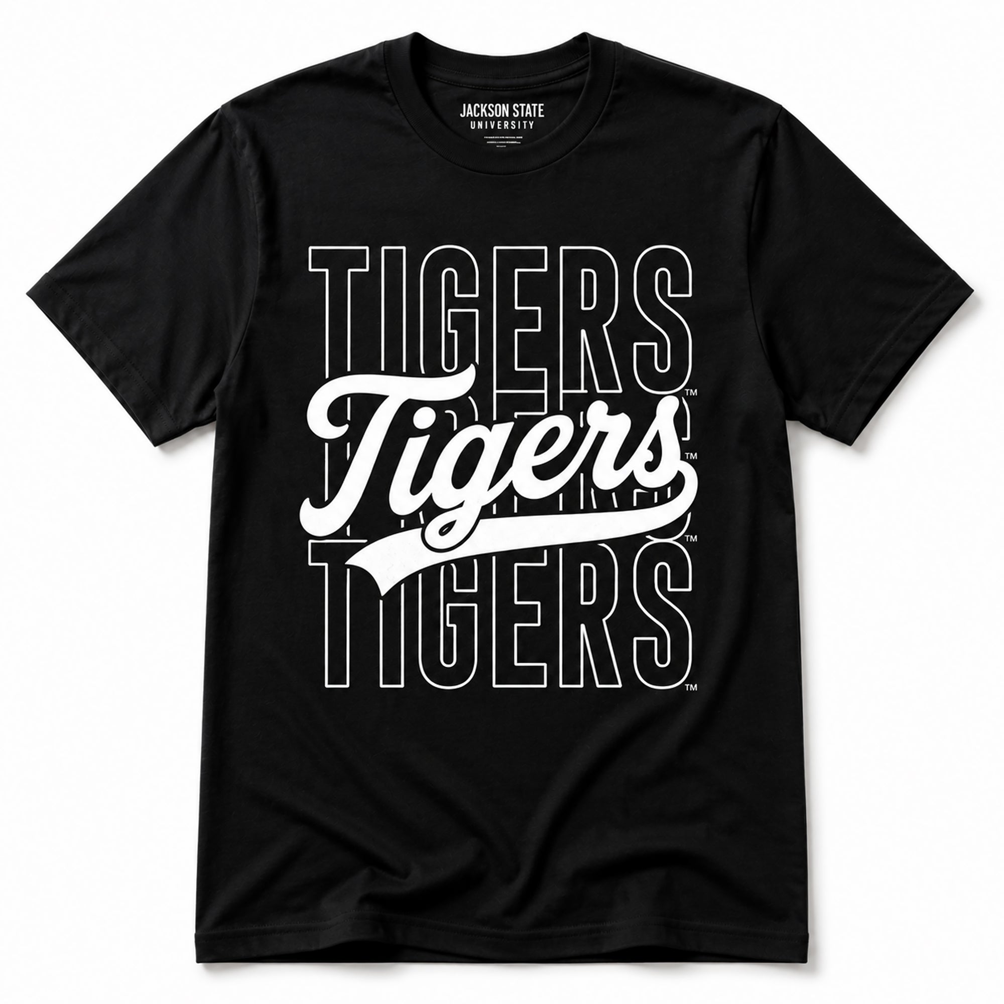 Officially Licensed Jackson State Tigers Stacked Script Unisex T-Shirt in Black