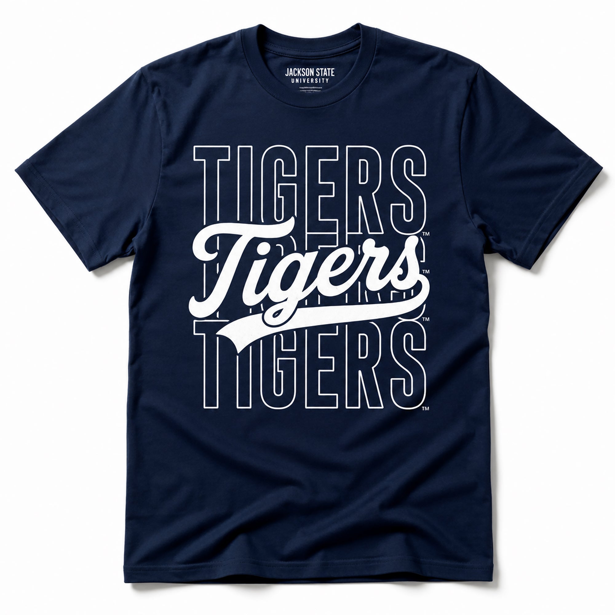 Officially Licensed Jackson State Tigers Stacked Script Unisex T-Shirt in Navy Blue