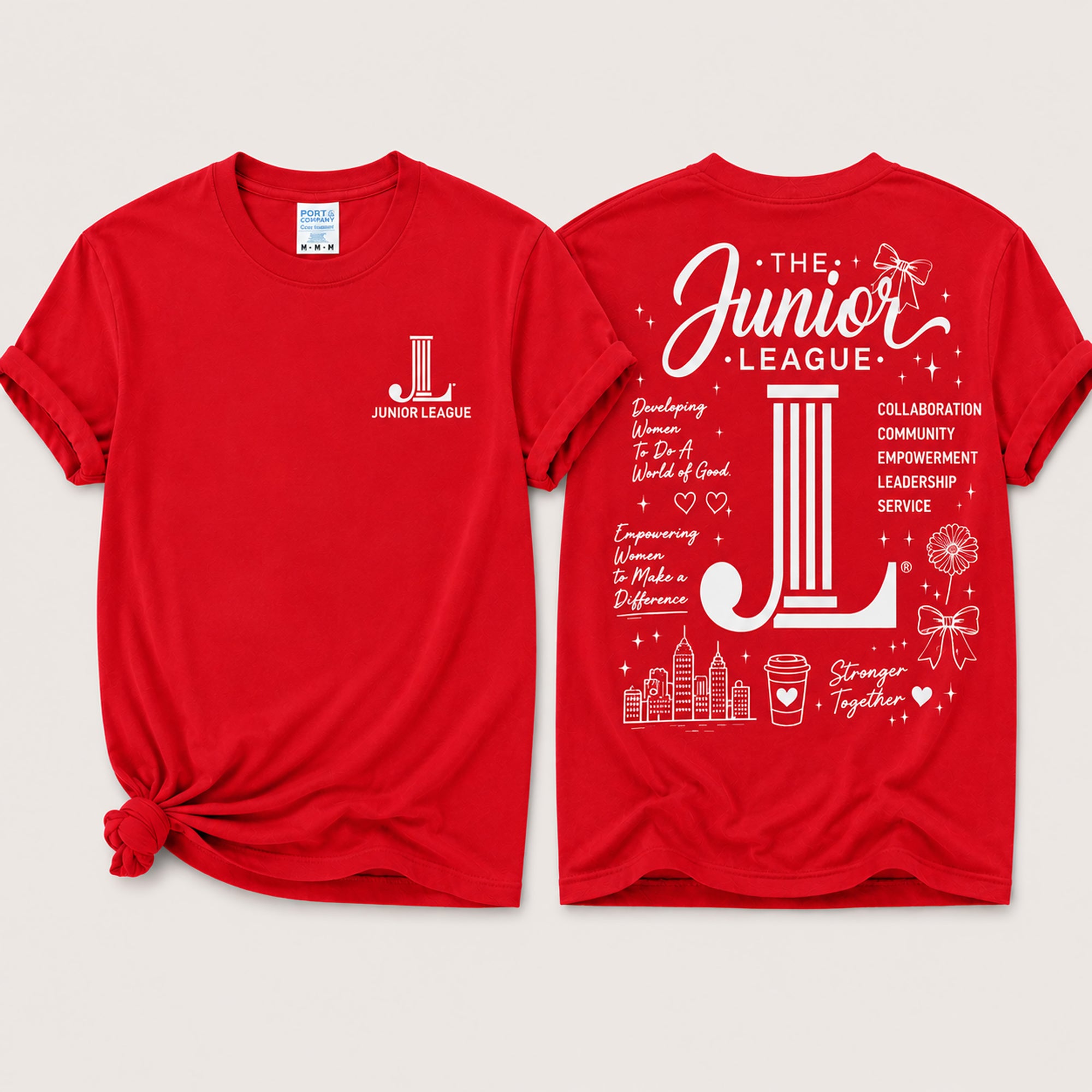 Red t-shirt with Junior League logo and text on a white background