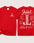 Red t-shirt with Junior League logo and text on a white background