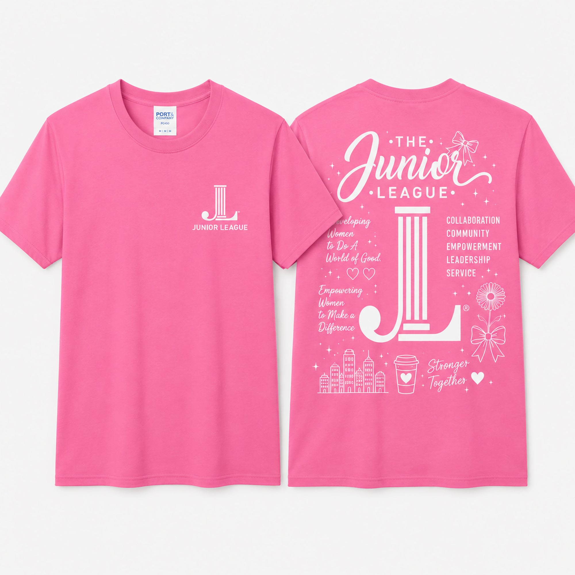 Pink t-shirt with Junior League graphics and text on a white background