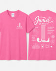 Pink t-shirt with Junior League graphics and text on a white background