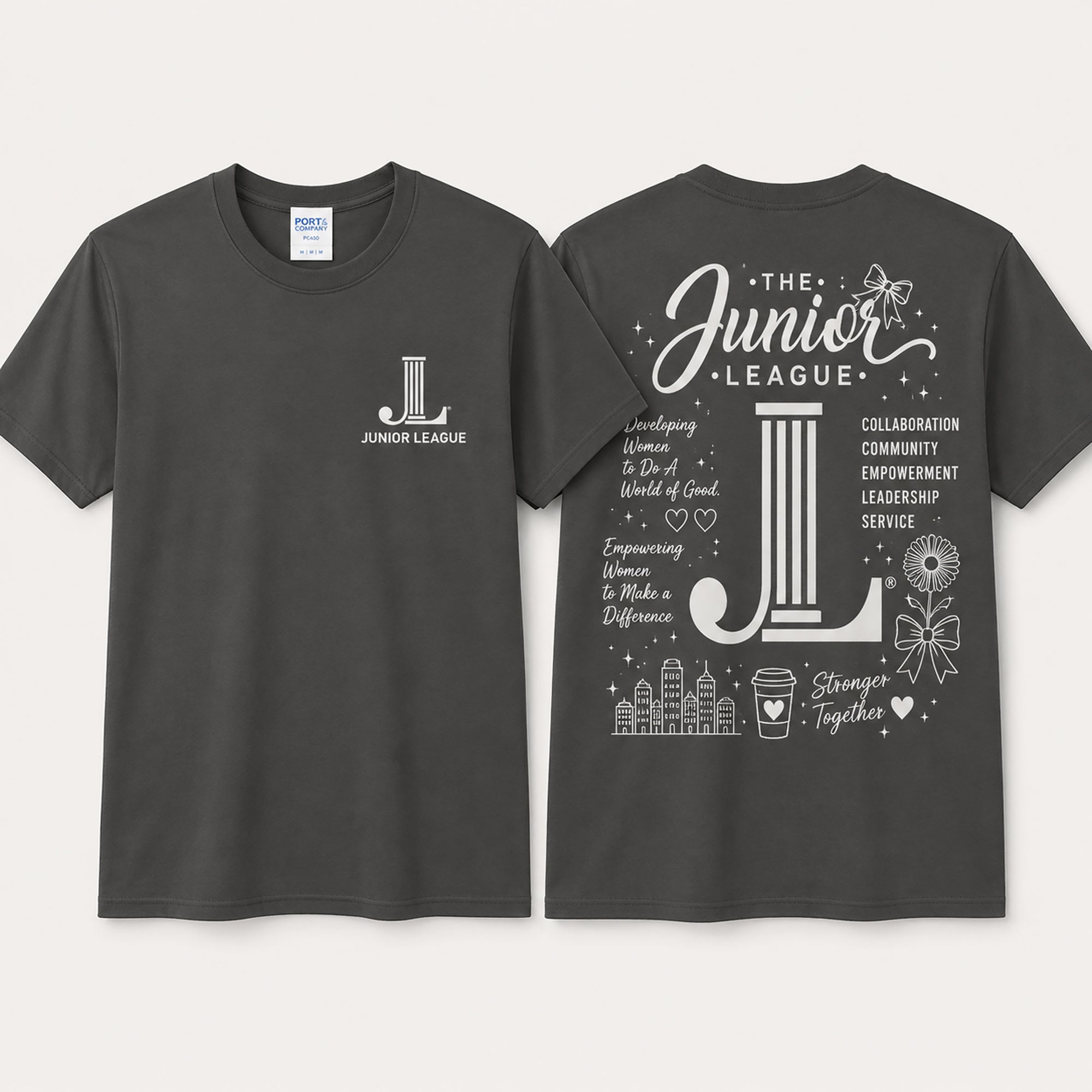 Black t-shirt with Junior League logo and text on a white background