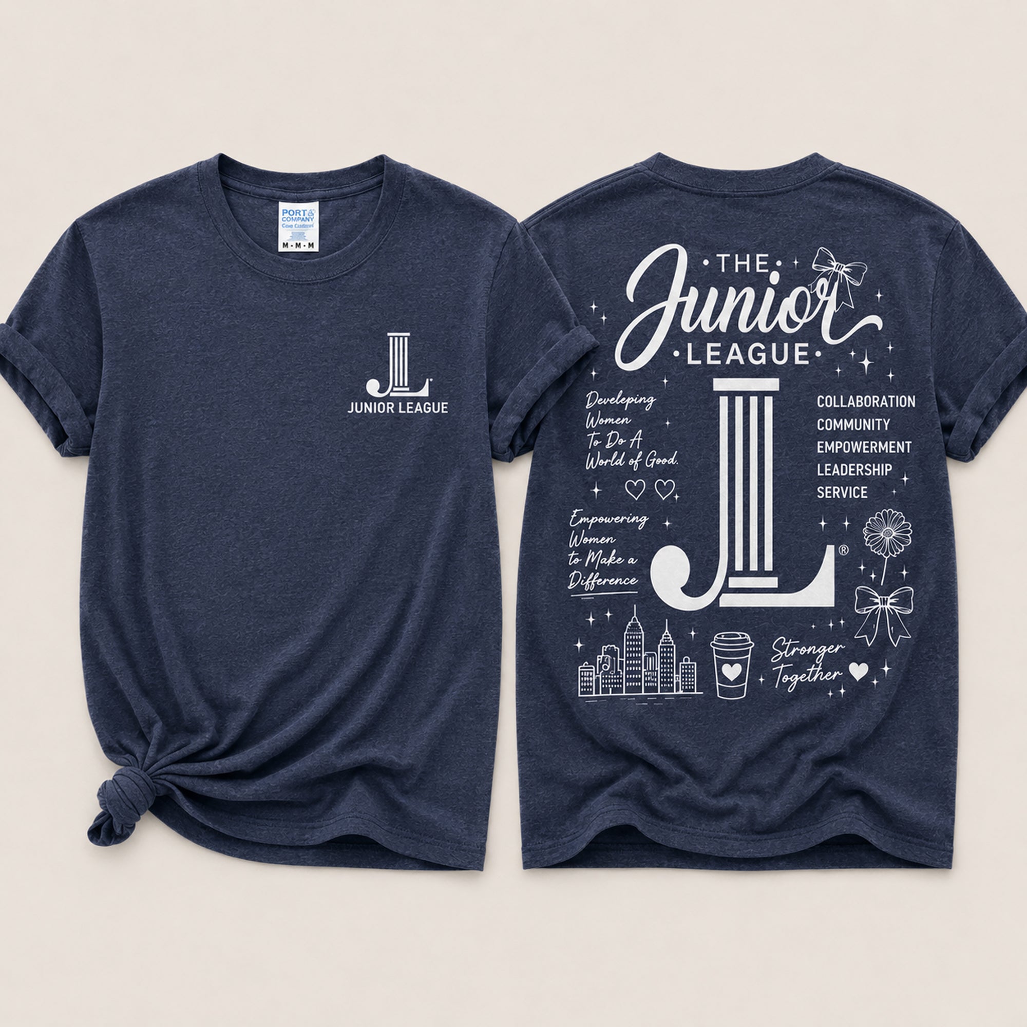 Navy blue t-shirt with Junior League logo and text on a beige background