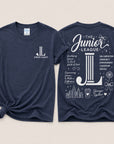 Navy blue t-shirt with Junior League logo and text on a beige background
