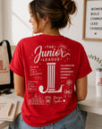 Back view of bright red Junior League Women Who Build Essential Tee showing oversized inspirational graphic design