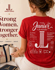 Promotional graphic featuring Junior League Women Who Build Essential Tee with Strong Women Stronger Together messaging