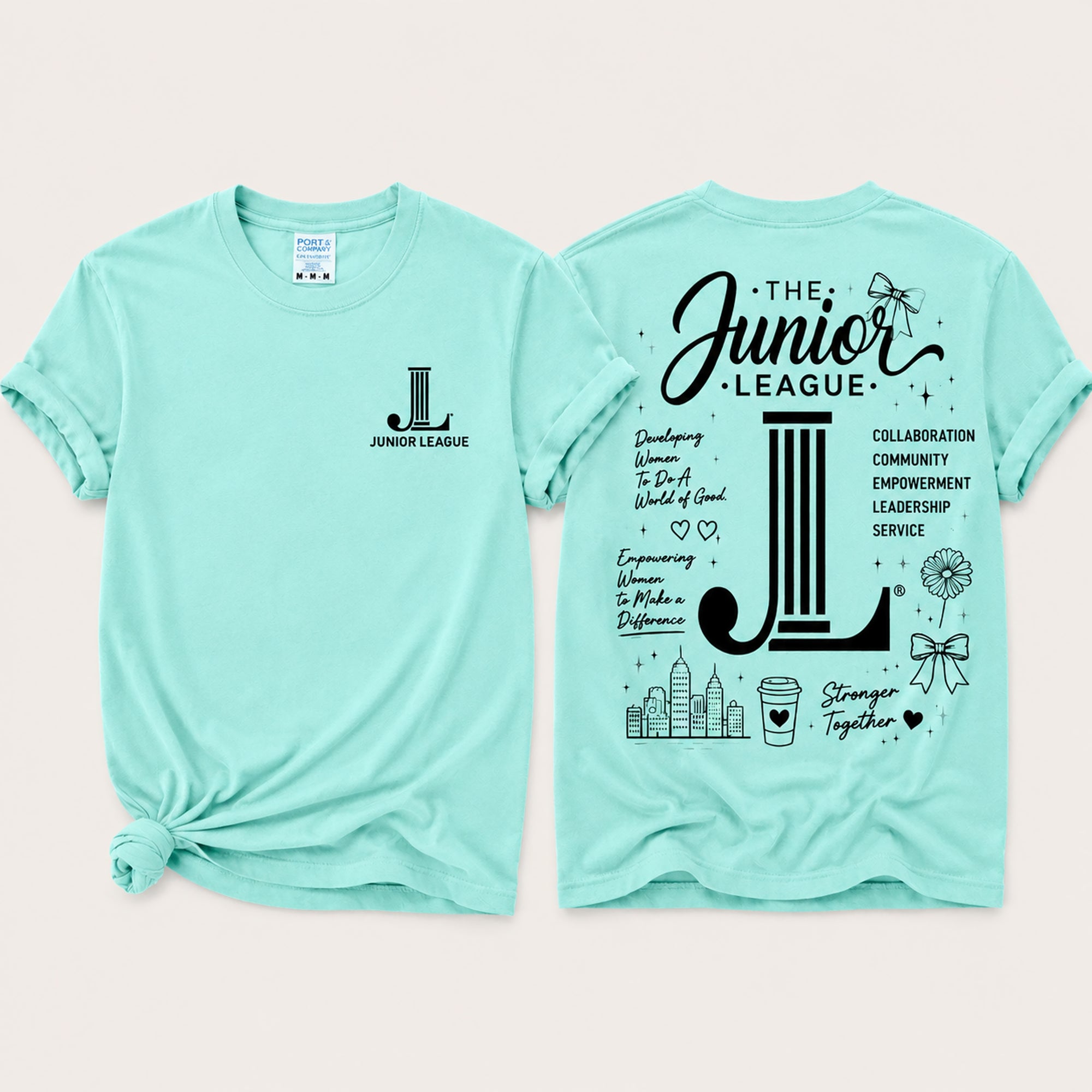 Light blue t-shirt with Junior League logo and text on a white background