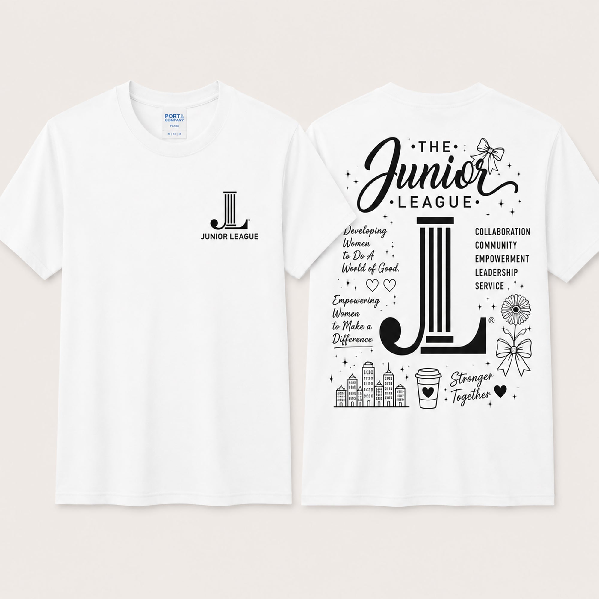 Two white t-shirts with black Junior League graphics and text on a beige background