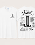 Two white t-shirts with black Junior League graphics and text on a beige background
