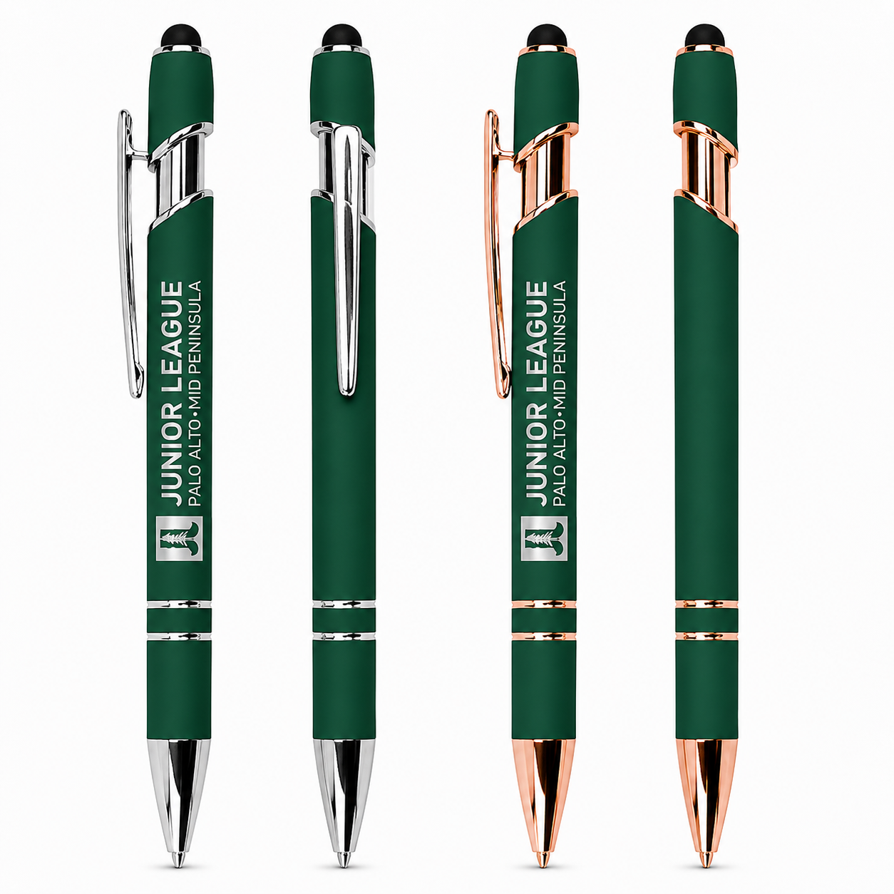 Silver and rose gold Junior League Palo Alto Mid Peninsula executive stylus pens with silver laser engraving on a clean white background