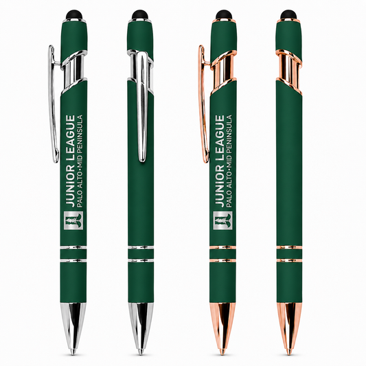 Silver and rose gold Junior League Palo Alto Mid Peninsula executive stylus pens with silver laser engraving on a clean white background
