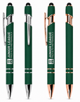 Silver and rose gold Junior League Palo Alto Mid Peninsula executive stylus pens with silver laser engraving on a clean white background