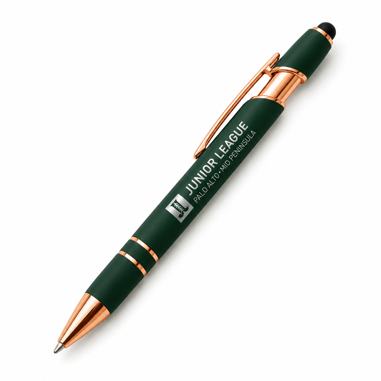 Rose gold Junior League Palo Alto Mid Peninsula executive stylus pen with silver laser engraving on a clean white background