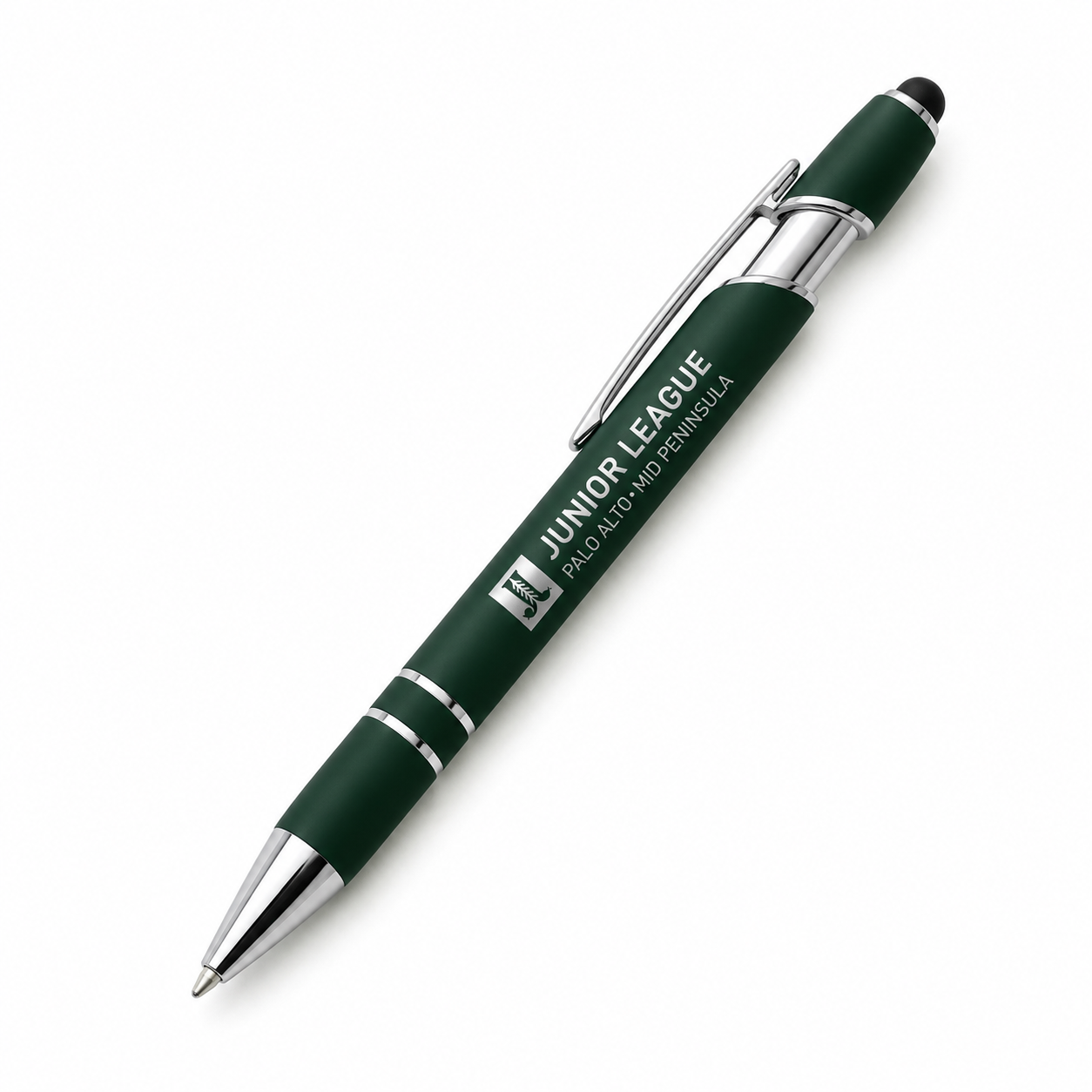 Silver Junior League Palo Alto Mid Peninsula executive stylus pen with silver laser engraving on a clean white background