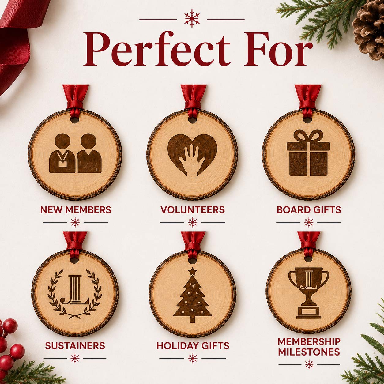 Junior League natural wood slice ornament set with red ribbon and role icons