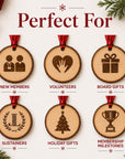Junior League natural wood slice ornament set with red ribbon and role icons