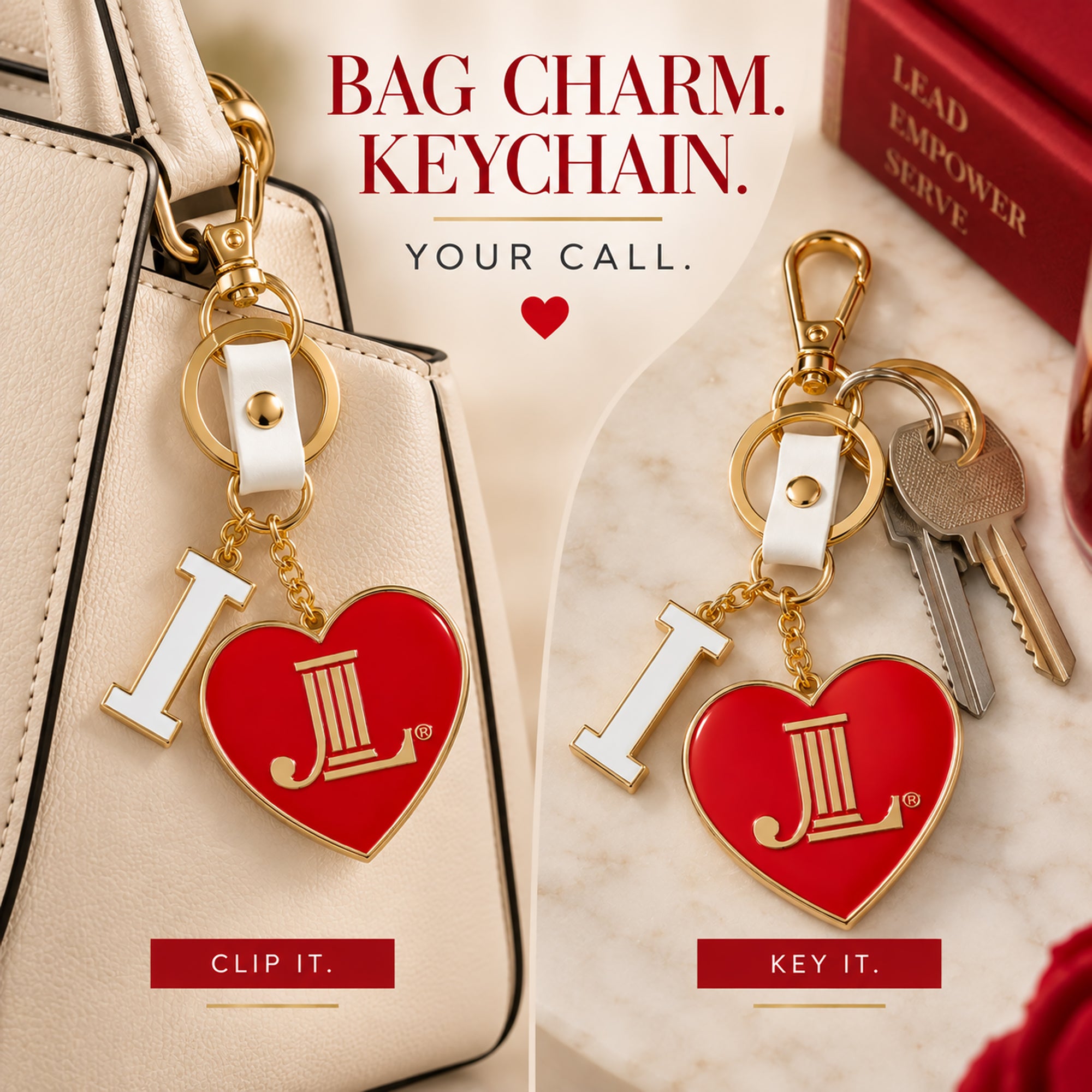 Junior League I Heart JL charm shown as both a handbag charm and keychain
