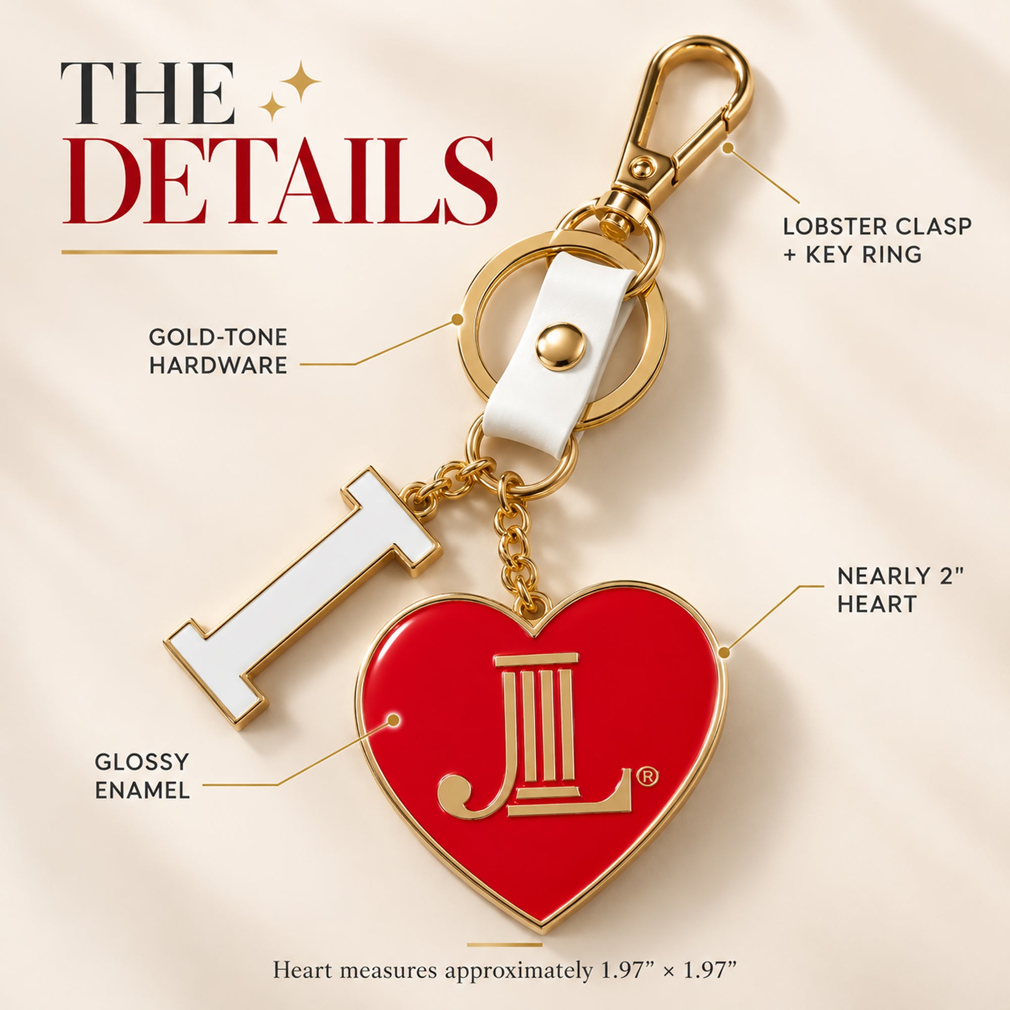 Junior League enamel bag charm showing nearly 2-inch red heart, glossy enamel and gold-tone hardware