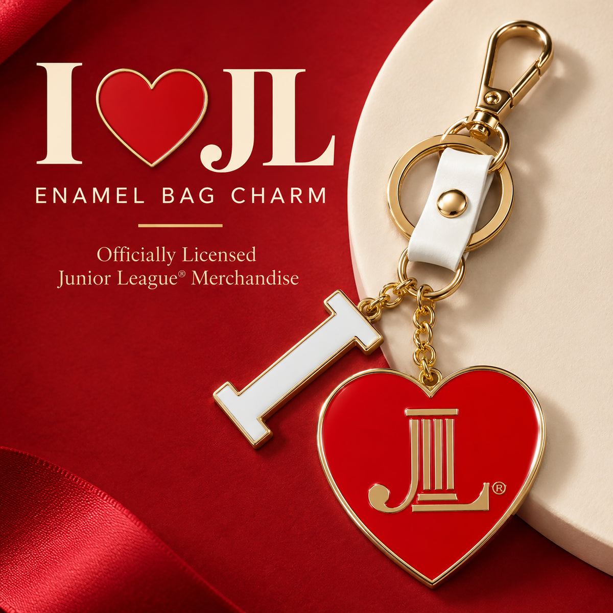 Junior League I Heart JL enamel bag charm keychain with red heart, white I charm and gold-tone hardware