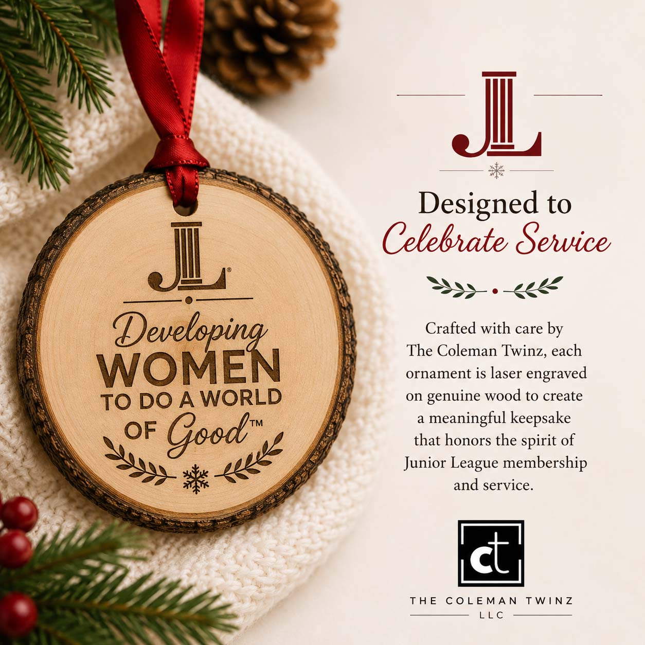 Junior League natural wood slice ornament with red ribbon and Developing Women engraving