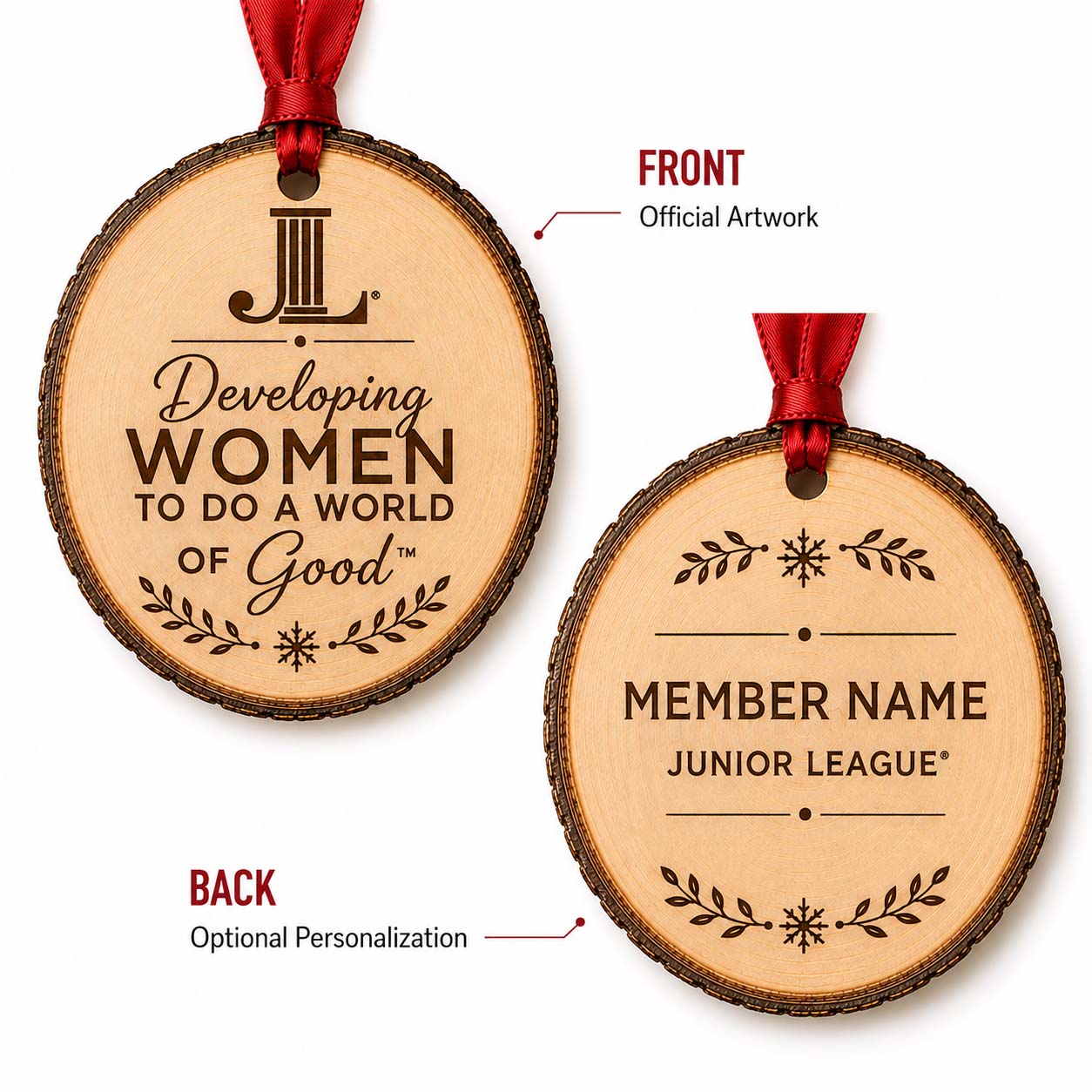 Junior League natural wood slice ornament showing front and personalized member name