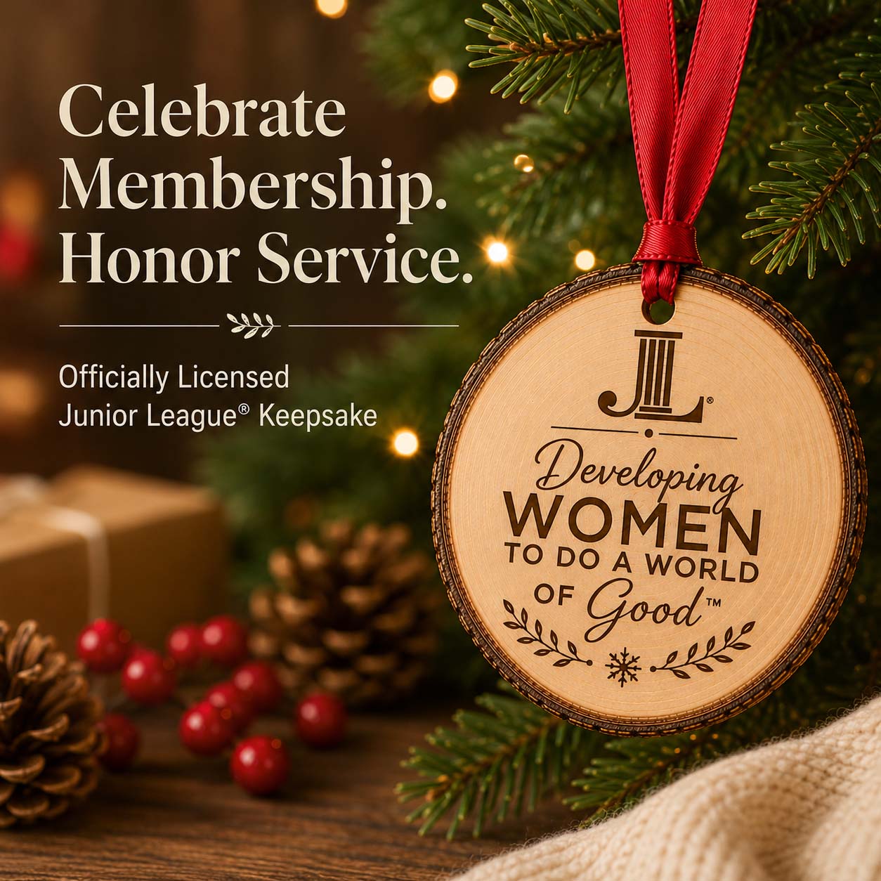 Junior League natural wood slice ornament with red ribbon and Developing Women message
