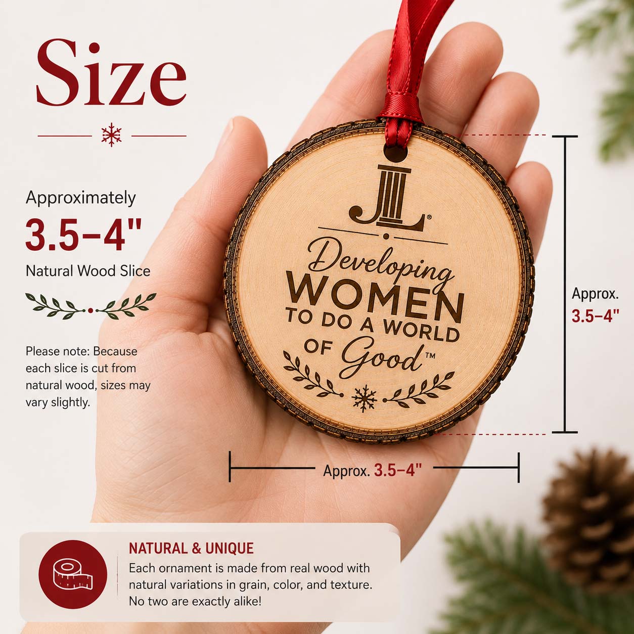 Natural wood slice ornament size chart with red ribbon and Developing Women design