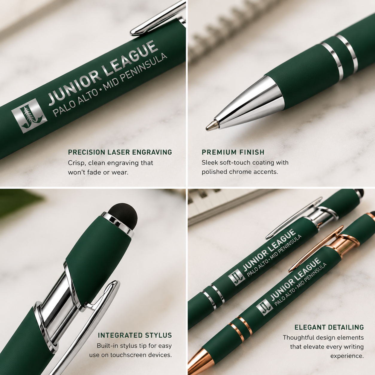 Close-up macro detail of silver laser engraved Junior League logo on hunter green executive stylus pen