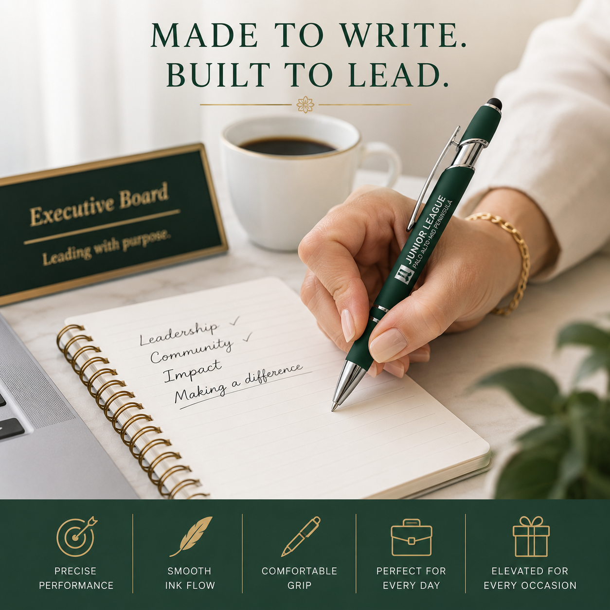Junior League executive gift set featuring engraved pens, notebook, keychain, and branded accessories
