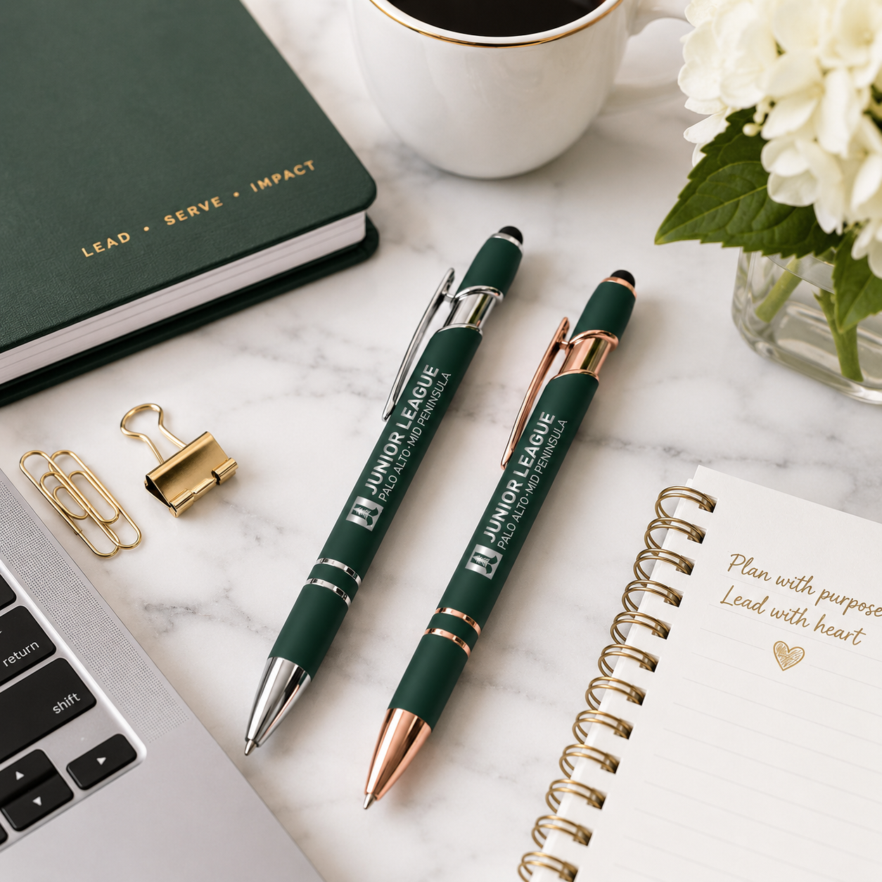 Junior League executive stylus pens styled on an elegant desk flat lay with notebook and office accessories