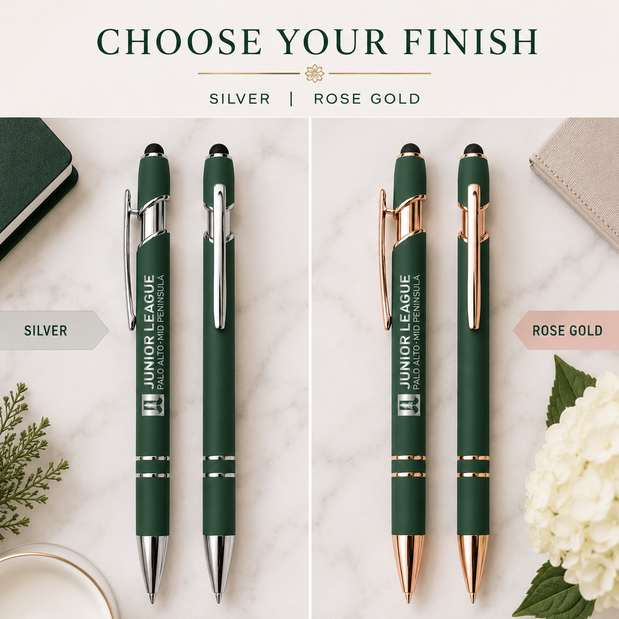 Comparison of silver and rose gold Junior League executive stylus pens with silver laser engraving