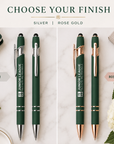 Comparison of silver and rose gold Junior League executive stylus pens with silver laser engraving