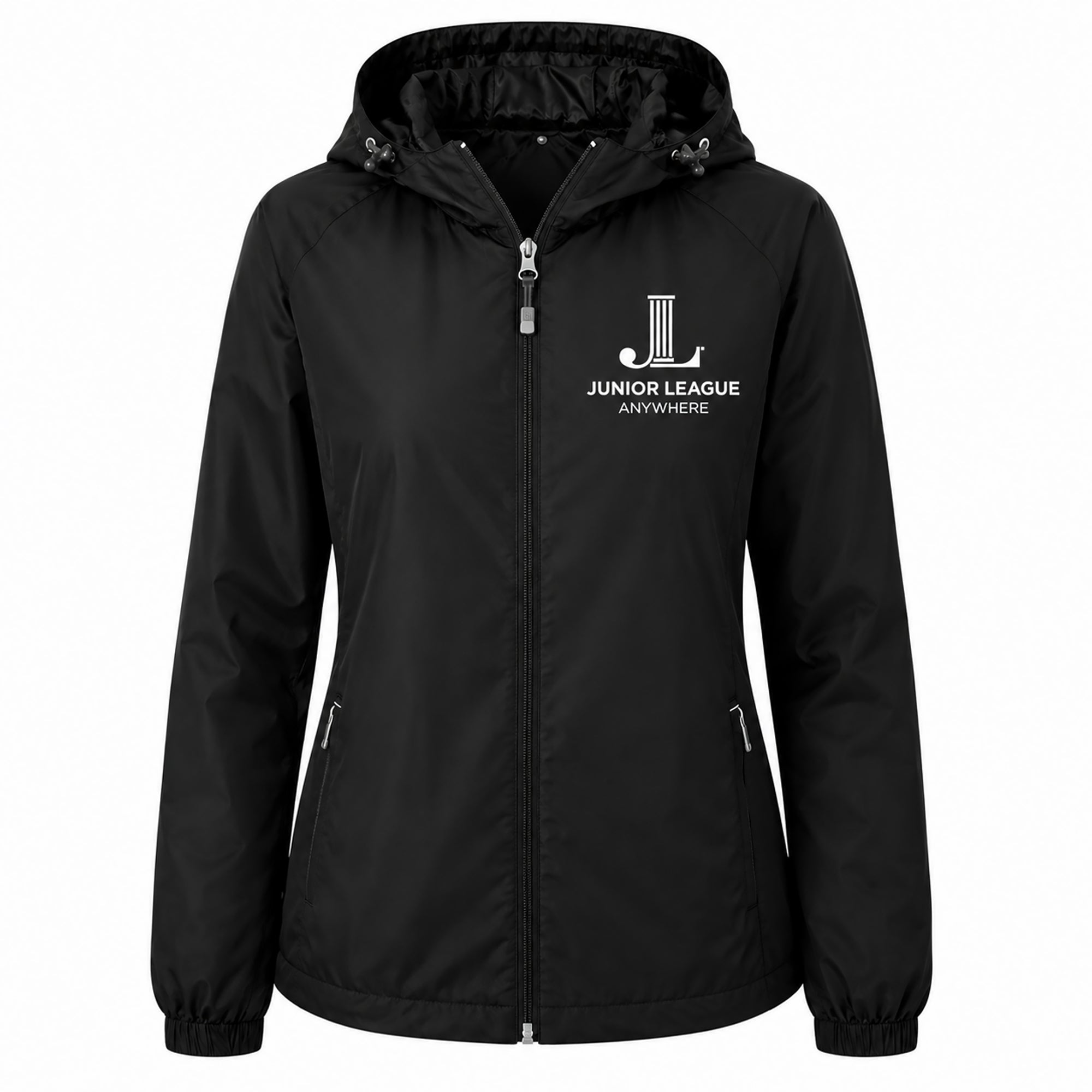 Women’s hooded zip-front raglan jacket, black with chest logo and drawstring hood
