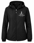 Women’s hooded zip-front raglan jacket, black with chest logo and drawstring hood