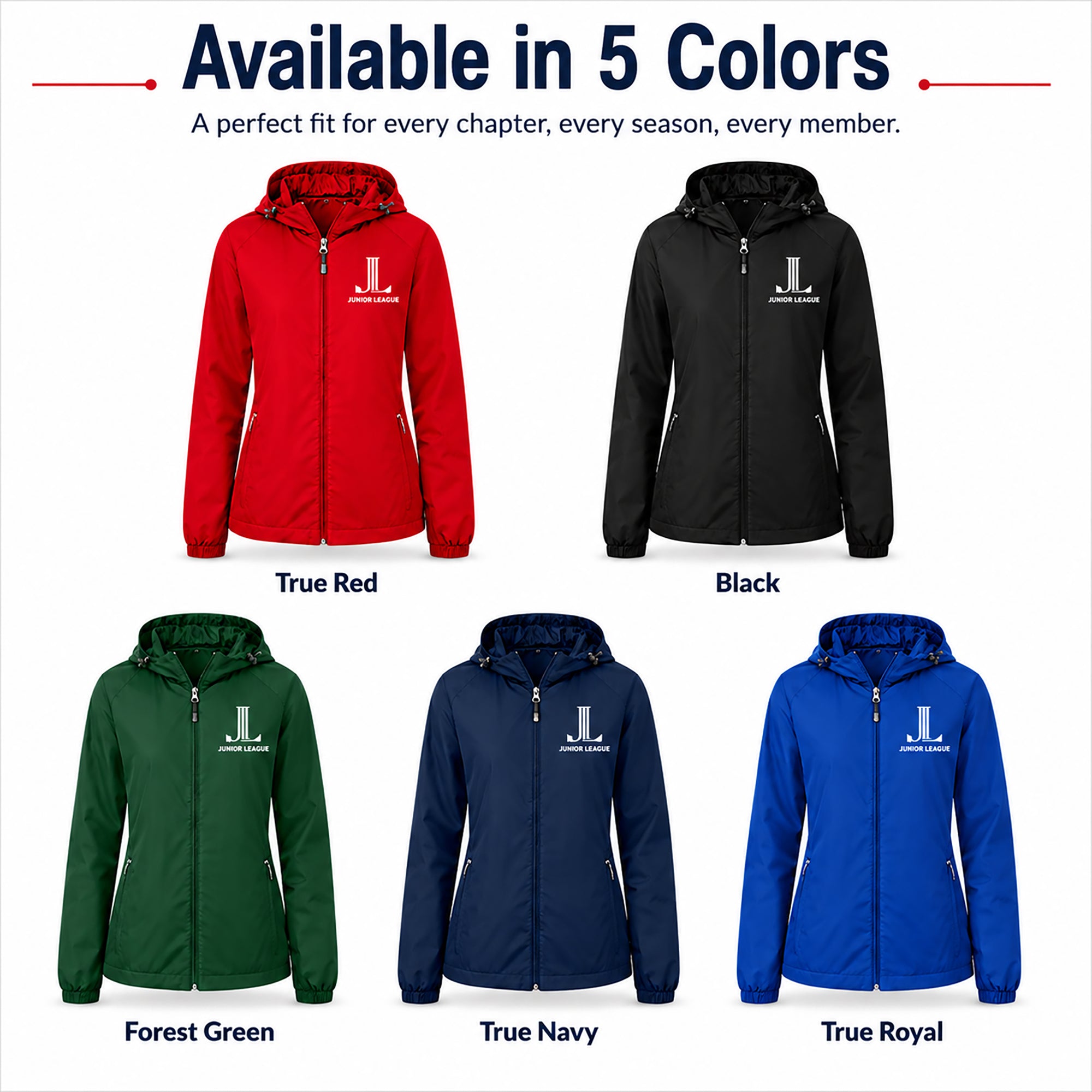 Junior League women's jacket available in five colors