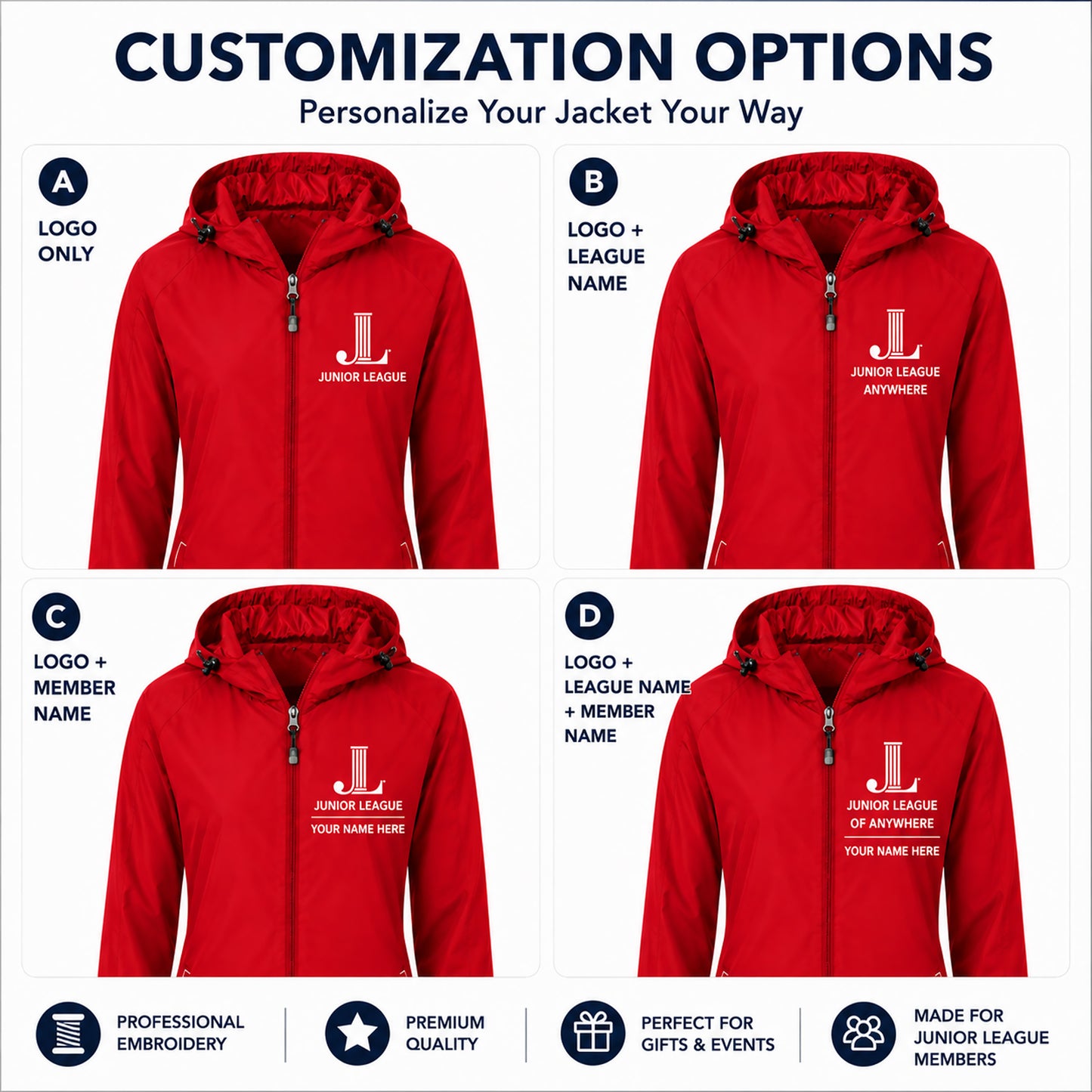Junior League jacket customization options with league name and member name