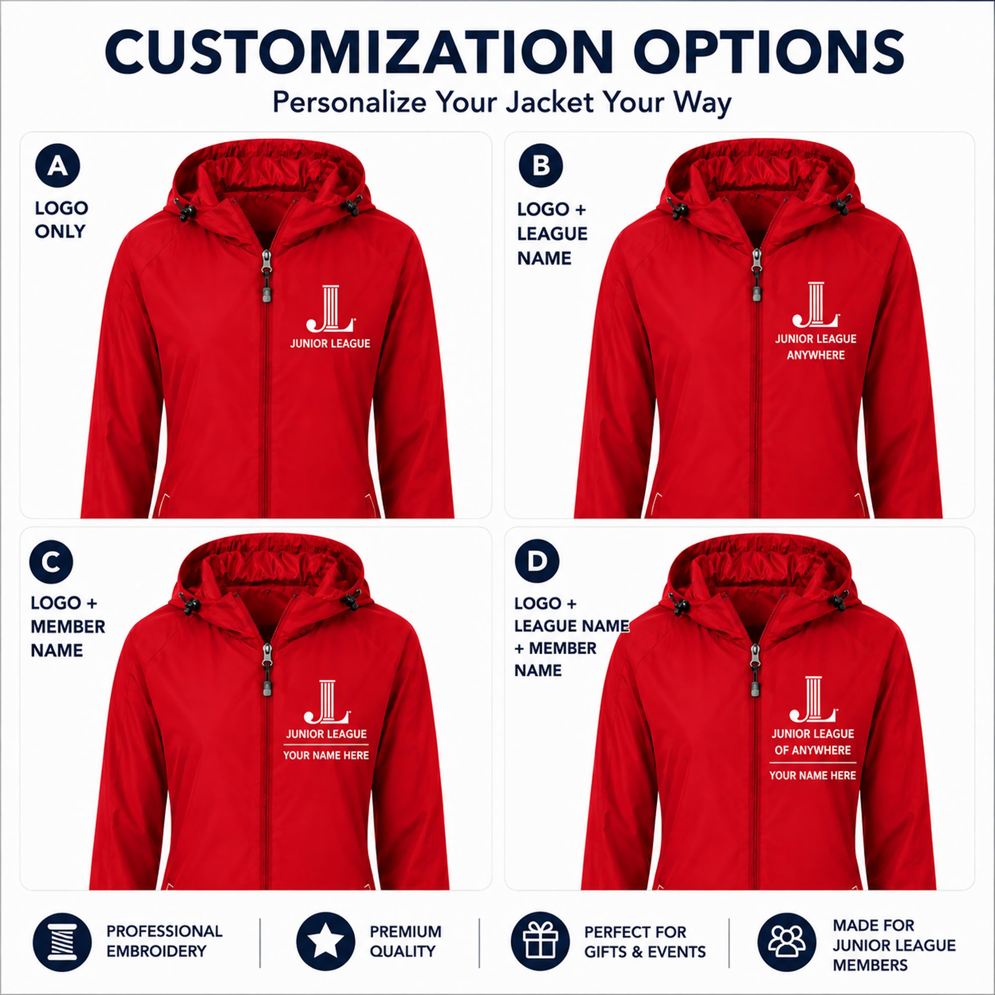 Junior League jacket customization options with league name and member name