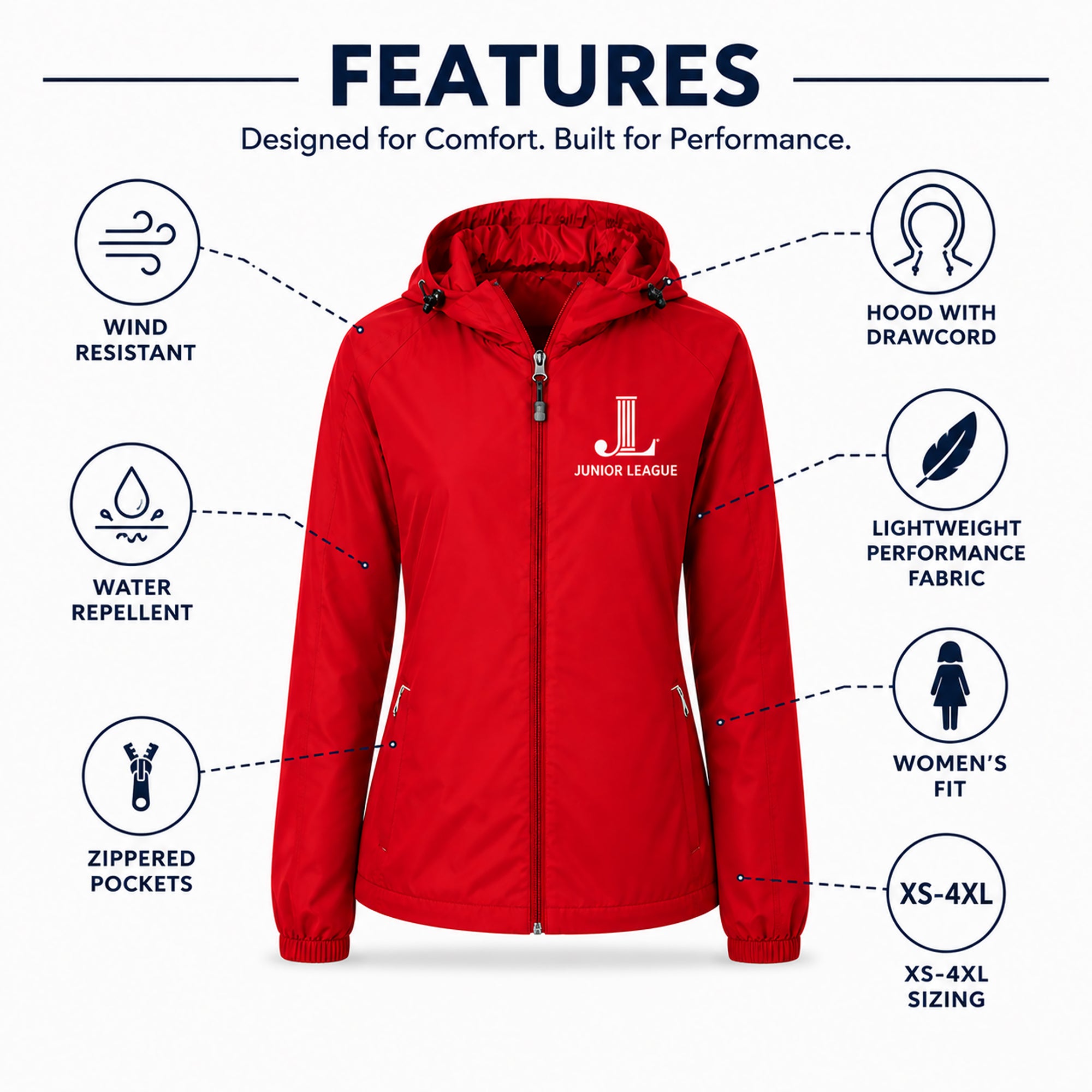 Women’s hooded zip-front raglan jacket, red with logo at chest and drawstring hood