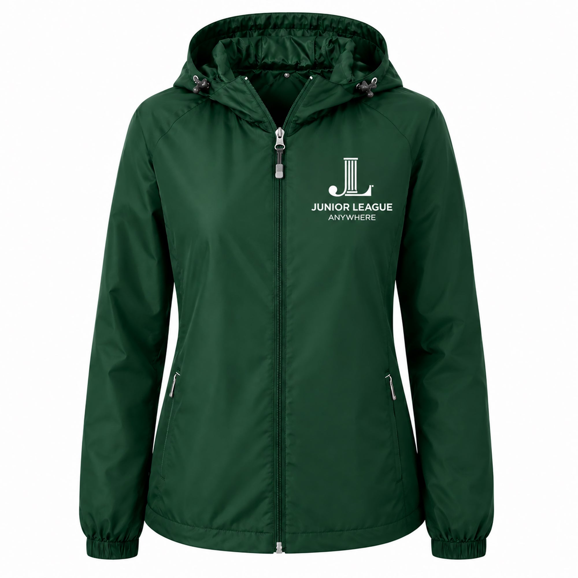 Women’s hooded zip-front raglan jacket, forest green with chest logo and drawstring hood