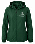 Women’s hooded zip-front raglan jacket, forest green with chest logo and drawstring hood