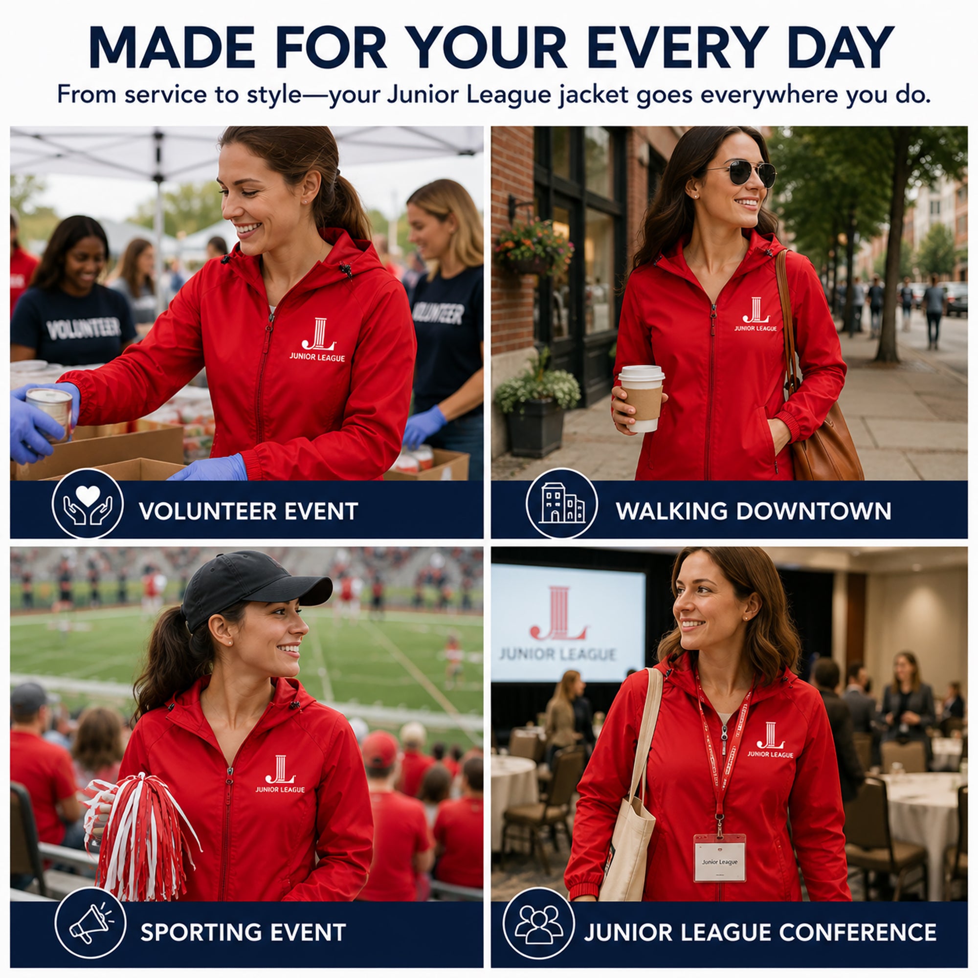 Junior League women's jacket worn at volunteer, conference, and community events